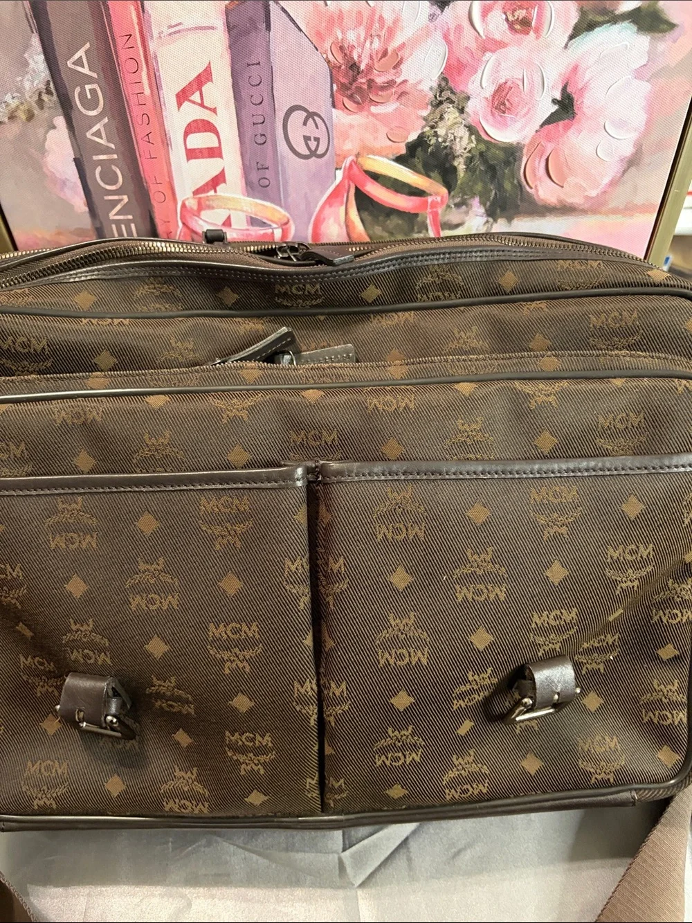 MCM Brown Leather Messenger Bag with Monogram Front Pockets
